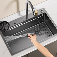Robinet d'évier de cuisine moderne noir en acier inoxydable 304 avec cascade nano faite à la main