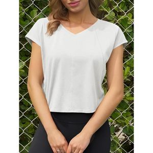 Womens Open Back Crop <b>Top</b> V Neck Short Sleeve Tie Back Athletic Yoga Shirt Breathable Spandex Cotton Oversized Workout <b>Top</b> - Product Image 2