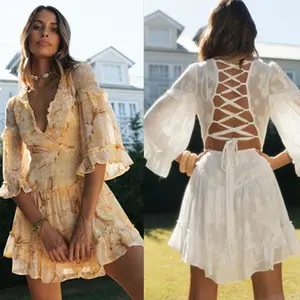 New Floral Printed Casual Dresses Half Sleeve Women Mini Dress Plus Size Clothing Ruffles Lace Up Backless Sexy Vestidos