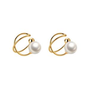 SE104-727 Halo 925 sterling silver gold plated 6mm ear cuff shell pearl crossover two layers earrings non pierced clip