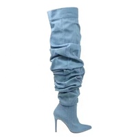 Bottes d'hiver pour femmes en denim froissé, à talon haut en cuir, bout pointu, montantes jusqu'au-dessus du genou, style mode automne-hiver