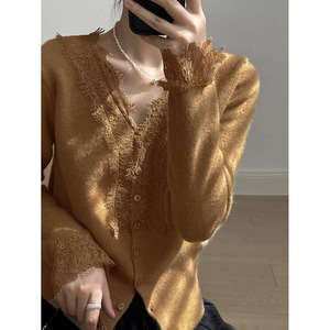 Cardigan in <span class=keywords><strong>Maglia</strong></span> <span class=keywords><strong>con</strong></span> Scollo a V Bianco e <span class=keywords><strong>Pizzo</strong></span>, Abbigliamento Femminile, Nuovo Stile Autunnale <span class=keywords><strong>con</strong></span> Fragranza Delicata, Maglione Base e Top - Product Image 3