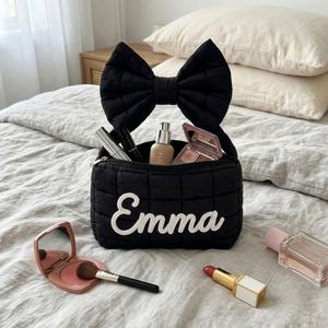 Personalized <b>Quilted</b> Pleated Soft <b>Makeup</b> <b>Bag</b> Custom Name Embroidery Luxury Polyester-Cotton Blend Zipper Toiletry Pouch - Product Image 3