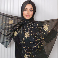 Grosir Dubai Arab bordir berlian tipis berkilau berlian imitasi kepala membungkus syal bunga Islam sifon Muslim syal hijab