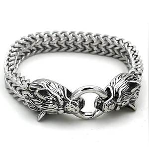 Vòng tay nam phong cách Punk mạ vàng bằng thép không gỉ, hình đầu sói Viking, khắc hình đầu sói bằng thép không gỉ, thời trang nam - Product Image 2
