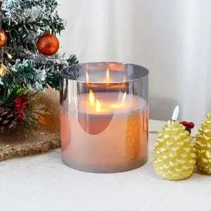 3 Wicks Battery Powered Flickering Candles Remote Control Flameless Wax Pillar Glass LED Candle Light With Moving Flame