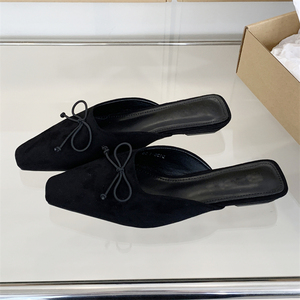 Nouvelles sandales plates rétro 2025 à bout carré, talons ouverts et bout fermé, couleur unie, avec nœud, antidérapantes - Product Image 4