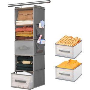 Organiseur de placard suspendu à 5 niveaux avec 2 tiroirs, pliable, en tissu non tissé, pour l'organisation des vêtements dans la chambre - Product Image 1