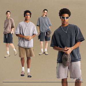 T-shirt en coton 100% tricoté délavé à l'acide, style décontracté à col montant surdimensionné, motif de lettres, respirant, en soie - Product Image 2