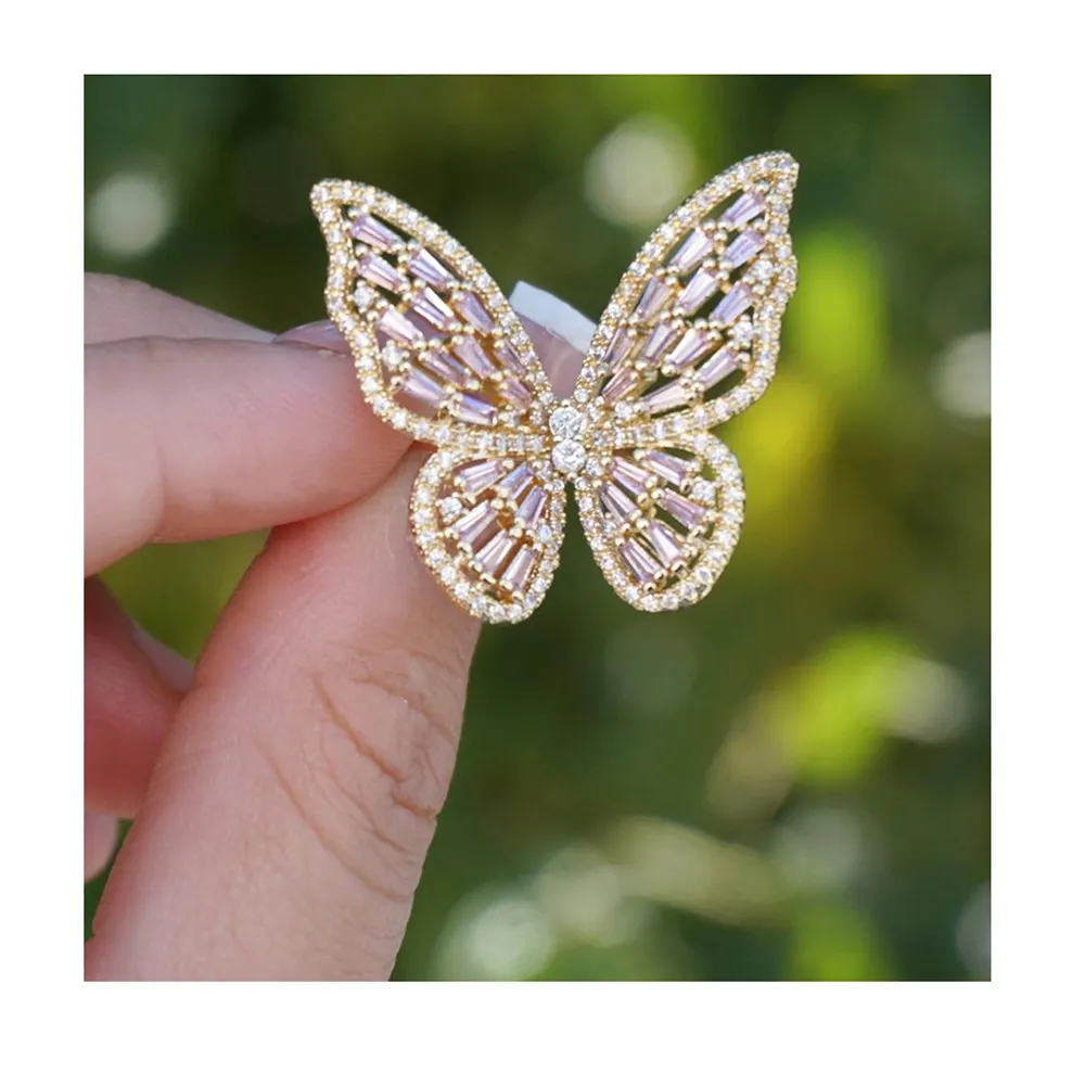 Yanyan wholesale 18k gold adjustable butterfly finger ring jewelry hollow out colorful zircon butterfly ring for women