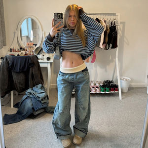 Vaqueros vintage de cintura media, lavados a la piedra, ecológicos, de pierna ancha y holgados, con diseño de puntada ondulada, de caída suelta, largos hasta el suelo, estilo casual urbano. - Product Image 3