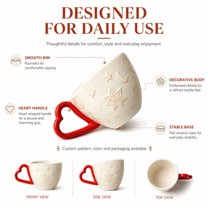 Tazza da Caffè in Ceramica con Manico a Cuore, Decorata con Stelle e Luna, Regalo Romantico, Bianco Crema, Logo Personalizzato, Articoli per Bevande all'Ingrosso per San Valentino - Product Image 3