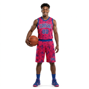Conjunto de Uniforme de Baloncesto Personalizado, Patrón de Puntos Rojos y Azules, Jersey sin Mangas y Pantalones Cortos, para Hombre Adulto, Transpirable, Poliéster, Impresión Sublimada - Product Image 1