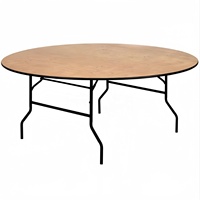 Table de banquet ronde moderne en bois pliable de 6 pieds avec plateau en bois laqué transparent et pieds en métal, capacité de 10 personnes