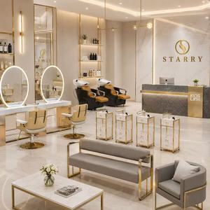 Mobilier de salon de beauté en bois doré avec logo personnalisé, <span class=keywords><strong>miroir</strong></span> LED étoilé, credenza et chaises de barbier - Product Image 4