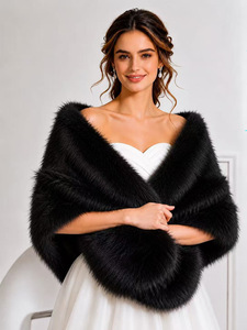 Châle en fausse fourrure noir pour femme, longueur moyenne, chaud pour l'hiver, couleur unie, style renard, élégant, couverture de mariée - Product Image 1