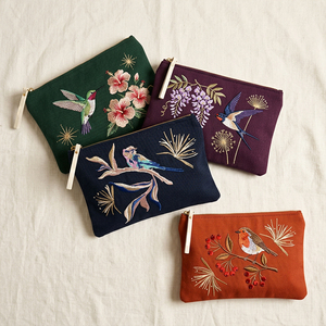 Custom Intricately Embroidered Boho Style Makeup Pouch Bird Cotton Canvas <strong>Lilac</strong> <strong>Bag</strong> - Product Image 1