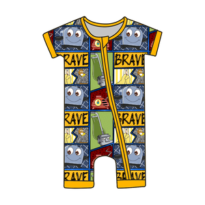 Bahar sıcak satış desen fermuar kapatma için özel baskılı kumaş Romper kısa kollu bebek Zippy pijama - Product Image 4