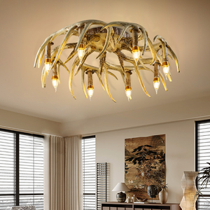Lustre en résine en forme de cerf à bois de cerf, style campagne européenne, grand modèle, pour salon et loft, luminaire suspendu vintage - Product Image 5