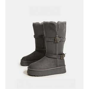 Bottes de neige mi-mollet en daim camel pour femme, col en fourrure, boucle en métal, plateforme épaisse, bottes chaudes d'hiver - Product Image 6