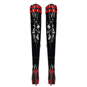 Bottes hautes pour femmes à plateforme épaisse, grande taille 47, montantes jusqu'au-dessus du genou, à lacets, découpées, longues, en cuir verni rouge patchwork - Product Image 2