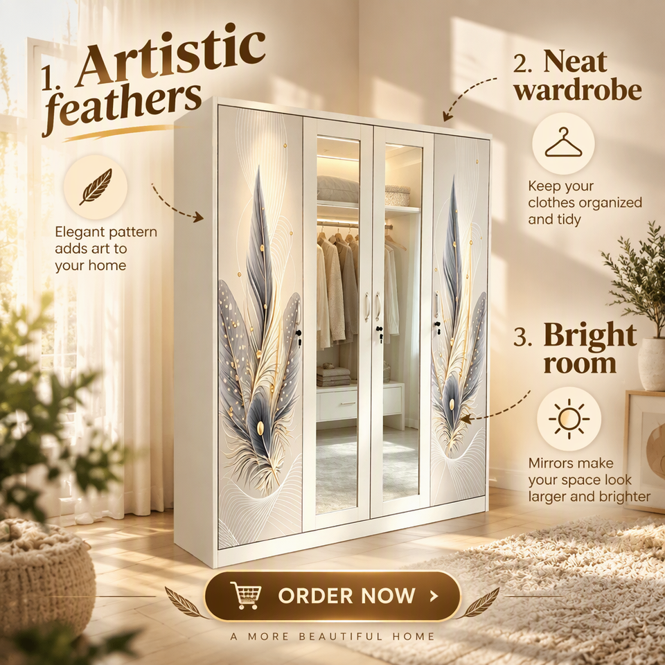 4 Door Metal Wardrobe Sliding Door Closet with Mirror Hanging Rod ...