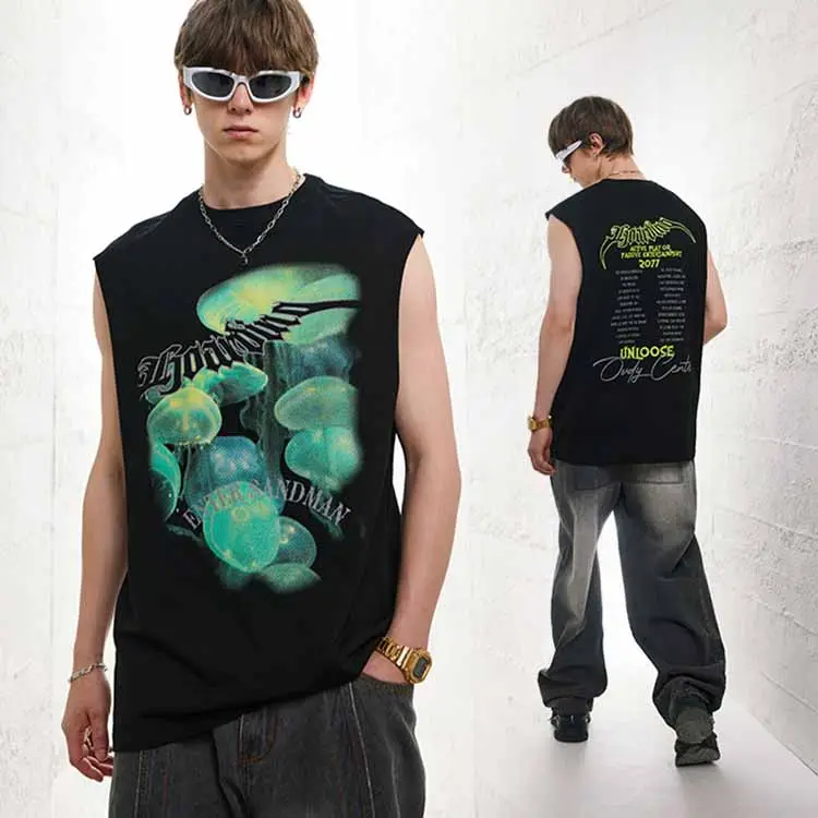 clothes men t-shirt sleeveless cotton printed vest t-shirt vintage crew neck t-shirts