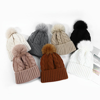 Gorro de lana gruesa de alta elasticidad para mujer, gorro cálido de invierno con pompón, gorro de punto con forro polar grueso y pompón