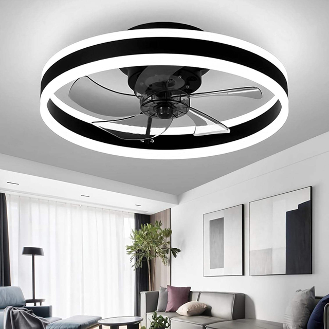 Modern Minimalist Metal Ceiling Fan With LED Light Smart APP Control Ultra-Quiet Reversible Flush Mount 5 Blades for Bedroom