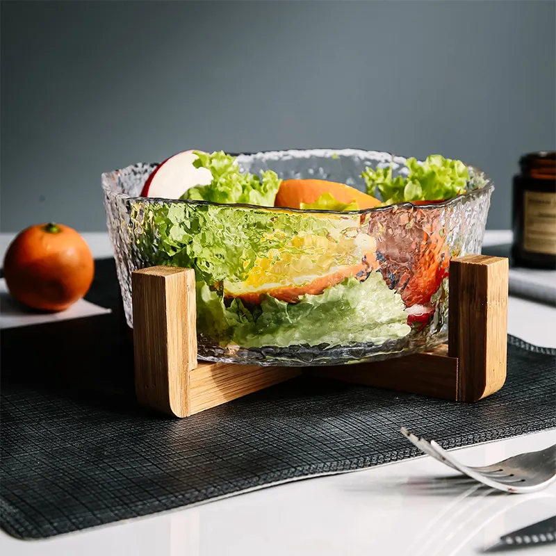 Bol à salade en verre transparent, pour mélanger et service, plat à fruits et tripe avec support en bois