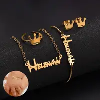 Bracelete com nome personalizado, conjunto de pulseira com anel de coroa para crianças feito sob encomenda de aço inoxidável banhado a ouro 14k presente de bebê