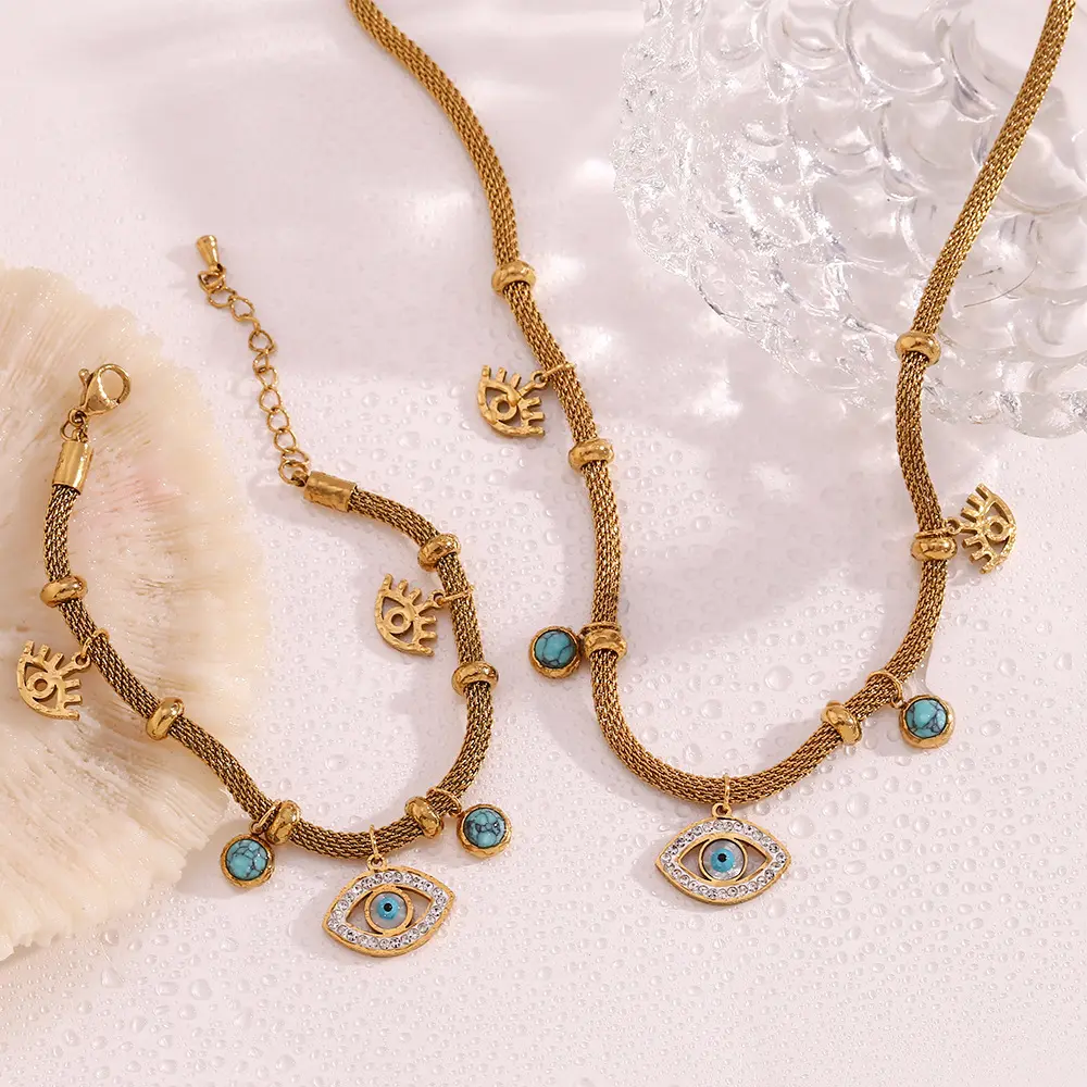 Kalung 2024 perhiasan kalung baja tahan karat berlapis emas 18K pesona mata iblis tahan air pirus trendi untuk wanita