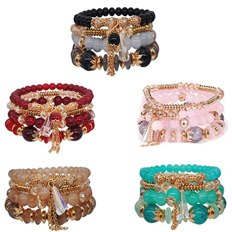5 Sets Boho Bracelets for Women Multilayer Stackable Sparkly Crystal Beaded Stretch Bracelets Set for Teen Girls Bead Bracelet