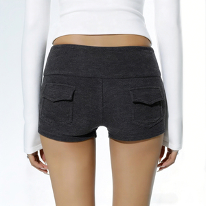 Shorts de Punto de Cintura Baja Estilo Urbano Europeo Americano para Mujer, con Botones en los Puños, Color Gris, Ajustados, Casuales - Product Image 6