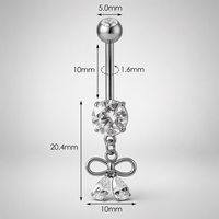 Bijoux de corps tendance : Piercing de nombril avec nœud papillon en zircon cubique, plaqué or et argent, serti à griffes, grand rond, vente en gros