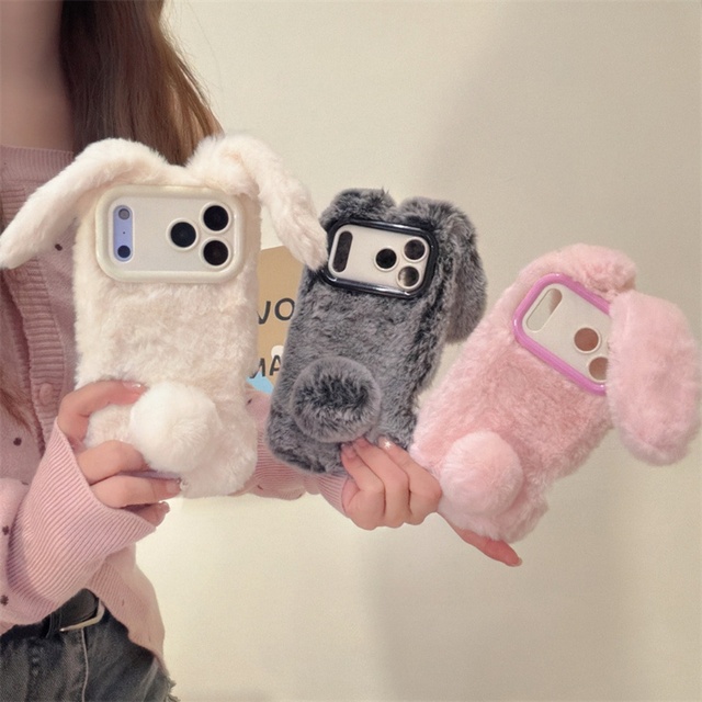 Fluffy Soft Phone case Cover Bling Diamond Bunny Rabbit Fur Plush Fuzz Design Cases for iphone 17 Pro Max with Camera Kickstand