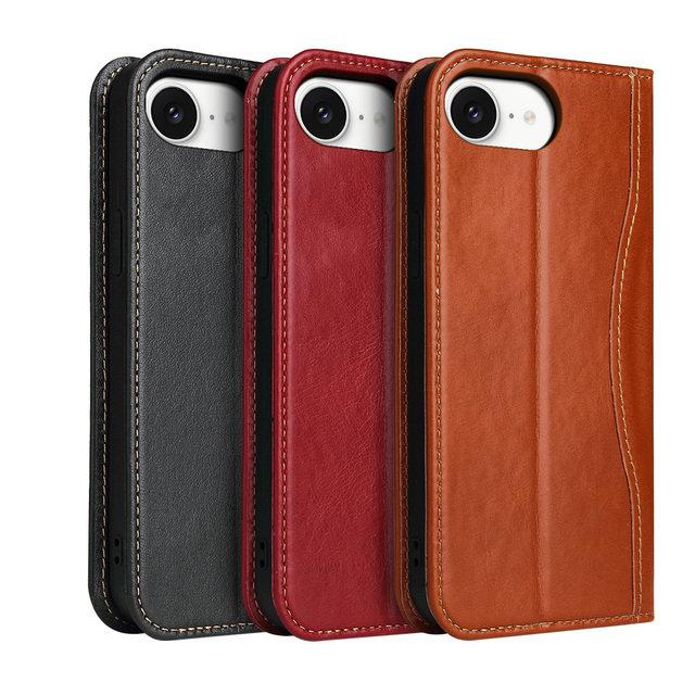 Genuine Cowhide Leather Mobile Phone Cases for Iphone 16E 15 Pro Max 14 13 12 11 Wallet Phone Case with Card Holders