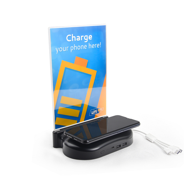 20000mAh Wireless Power Bank with 3 in 1 Cable, CE Rohs Tabletop Menu Holder Charger for Restaurant Cafe Promotion