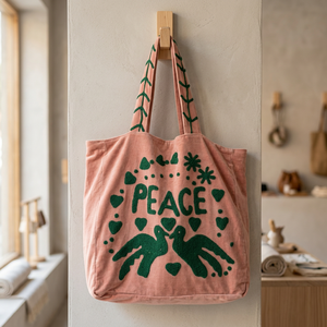 กระเป๋าโท้ทกำมะหยี่สีชมพูสั่งทำขายส่ง พร้อมลายปักอักษร PEACE สีเขียว รูปนกพิราบ หัวใจ และลายดอกไม้สุดเก๋ - Product Image 2
