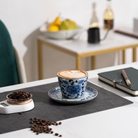 Ensemble tasse et soucoupe à café MSH, style luxe léger, bleu et blanc, lotus et vigne, pour le bureau