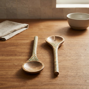 Wood salad servers feature <b>etched</b> enamel designs - Product Image 2