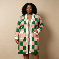 Ensemble 2 pièces pour femmes, tenues d'automne et d'hiver, pulls en tricot jacquard à carreaux rose et vert, cardigan long à ouverture sur le devant avec perles