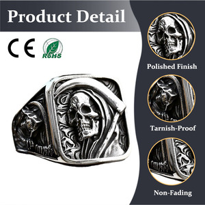 Bague Crâne Vintage Punk Biker en Acier Inoxydable pour Homme, Motif <span class=keywords><strong>Grim</strong></span> <span class=keywords><strong>Reaper</strong></span>, Idéale pour Mariages et Cadeaux, Bijoux de Mode en Gros - Product Image 1