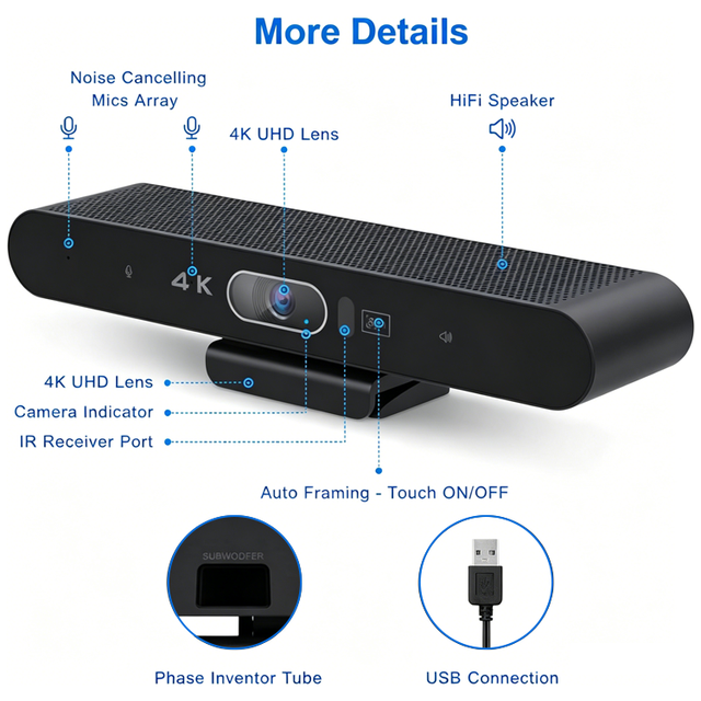 All-in-One 4K UHD Audio Video Conference System with AI Auto Framing & 5X Zoom - Noise Cancelling Webcam for Meeting Rooms