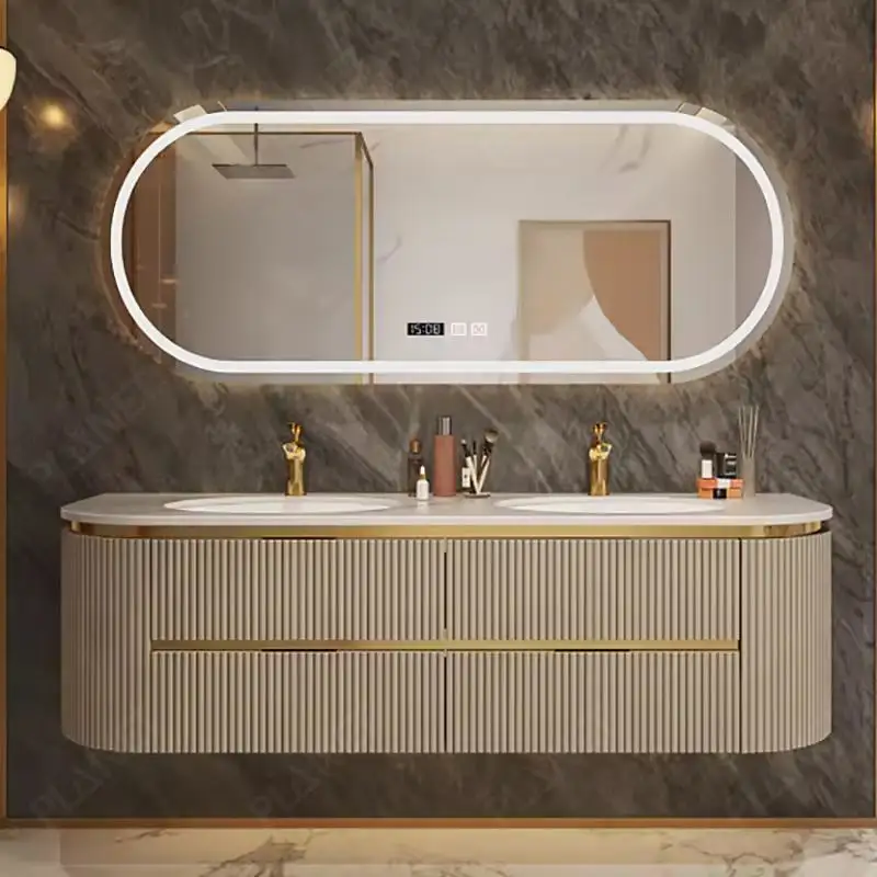 Özel Modern lüks kavisli duvara monte lavabo akıllı Led ayna ile dolap banyo tezgahı