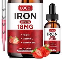 Complément alimentaire minéral en gouttes de fer OEM/ODM, flacon de 60 ml, riche en vitamine B12, fer et acide folique pour adultes