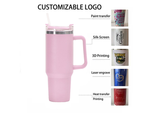 Gobelet isotherme réutilisable en acier inoxydable à double paroi de 40 oz avec logo personnalisé, poignée et paille - Product Image 2