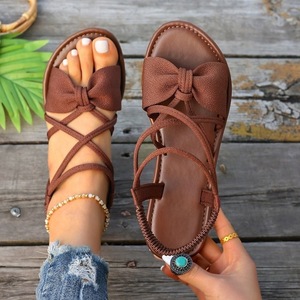 Women Bow Crisscross Straps Flat <b>Sandals</b> <b>Elastic</b> Ankle Strap Open Toe Summer Beach Footwear - Product Image 2