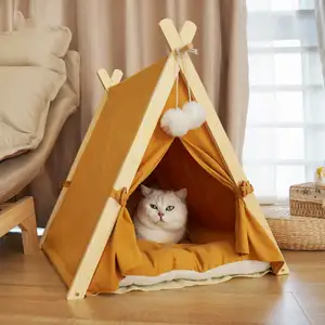 Faltbares Baumwoll holz Leinen Höhlen bett Hund Katze Tipi Haus Haustier Luftbett mit abnehmbarem Baldachin Schatten Zelt