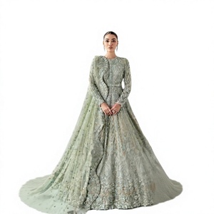 Robe de mariée pakistanaise de luxe vert menthe à manches longues, en tulle lourdement pailleté, style Peshwas, longueur ras du sol, robe de bal de mariage maxi - Product Image 1